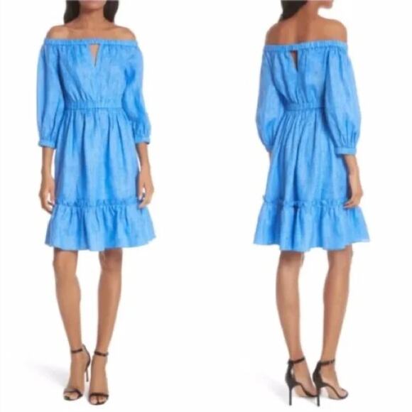 MILLY Off the Shoulder Blue Linen Dress Small - Picture 1 of 7